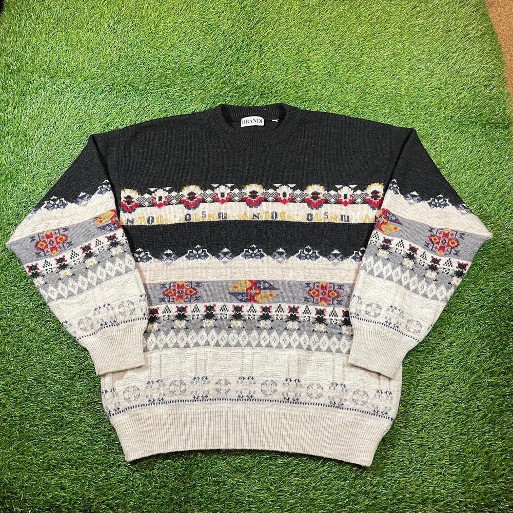 Vintage Brandi Knit Sweater with multi-colored geometric and tribal patterns (L)